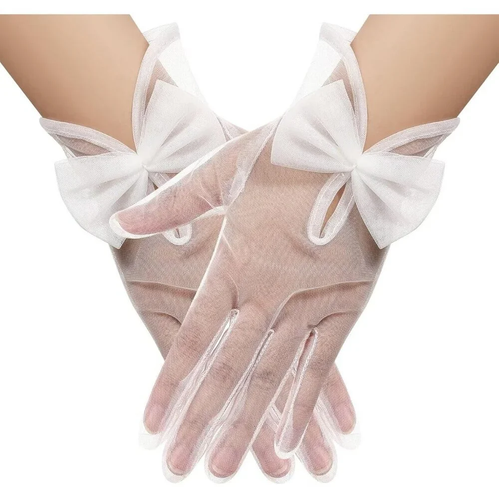 Women's White Evening Sheer Tulle Short Length Gloves Wrist Tea Party Prom